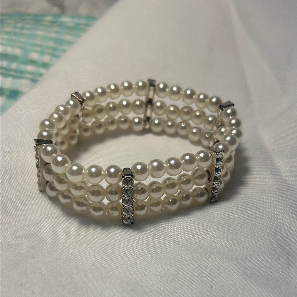 Triple Row Pearl Bracelet with Silver Detailing